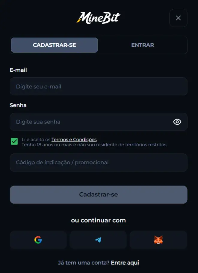 MineBit Cassino Formulário de Cadastro